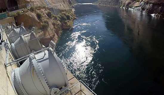 The four river outlet tubes at Glen Canyon Dam. NPS photo.